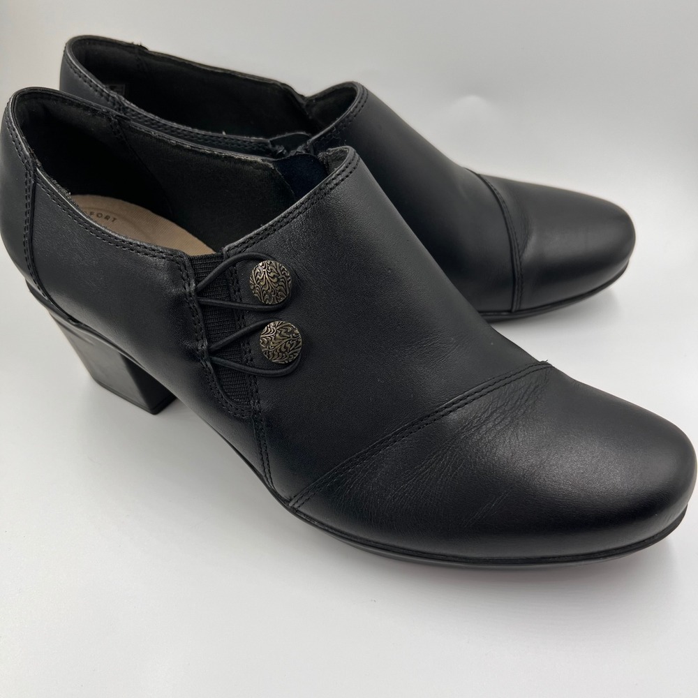 Clarks Collection Black Leather Button Side‎ Ankle Booties Women's Shoes
